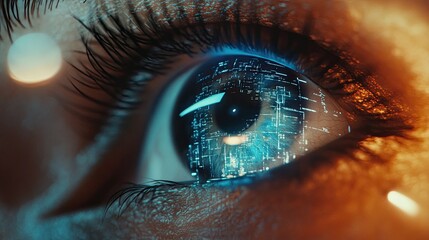 Poster - Cyber technology surrounds a human eye in a futuristic design. Clean space for text included.