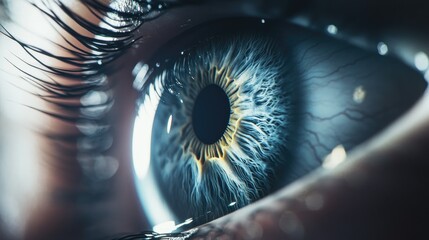 Poster - Cyber-enhanced human eye technology concept in close-up, futuristic look with clear copy space.