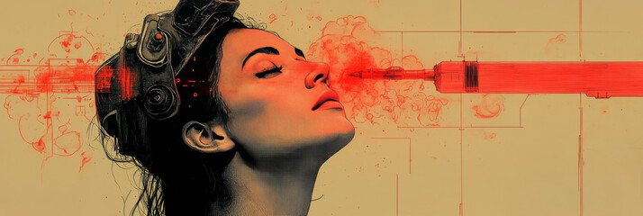 Wall Mural - Woman in futuristic helmet, red beam, close-up