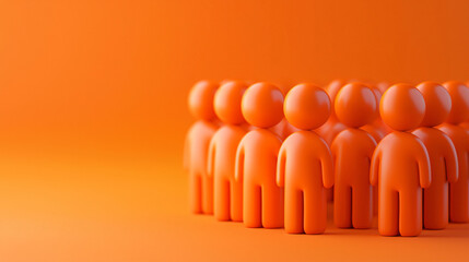 Poster - group of orange 3D human figures stands together against vibrant orange background, creating striking visual effect. selective focus highlights foreground figures, evoking sense of unity and