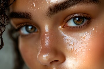 Wall Mural - A woman with brown hair and green eyes is shown with her face wet. Concept of freshness and cleanliness, as if the woman has just washed her face