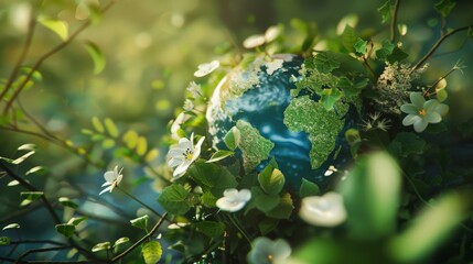 Poster - A globe partially covered in lush greenery and blooming flowers, representing environmental harmony and the beauty of nature.