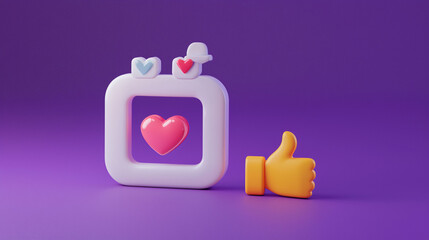 Poster - colorful 3D icon featuring heart inside frame, symbolizing love and engagement, alongside thumbs up emoji, creating cheerful and positive vibe