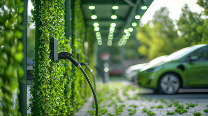 green electric car charging station surrounded by lush greenery creates serene and eco friendly atmosphere. vibrant leaves enhance modern design, promoting sustainability