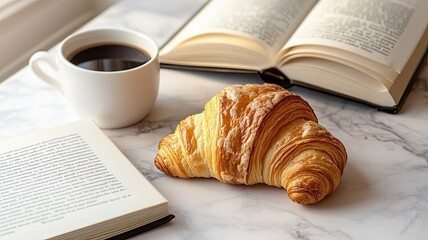 Morning Coffee & Croissant: A warm, inviting still life featuring a freshly baked croissant, a steaming cup of coffee, and an open book, perfect for capturing the essence of a cozy morning ritual. 