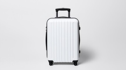 Clean and minimal suitcase design in focus, featured against a white background. The minimalist suitcase design stands out in its sleek, modern look on a white background.