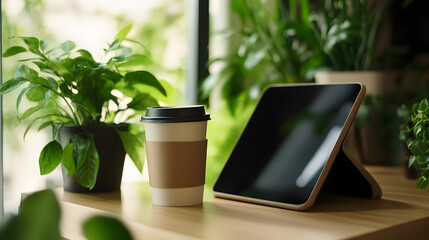 A tablet rests on a wooden table beside a coffee cup, surrounded by lush green plants in a cozy environment highlighting a serene workspace