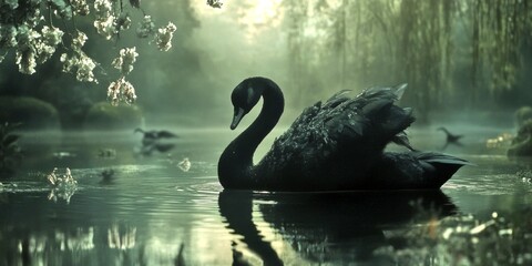 Poster - A serene black swan gracefully glides across a tranquil pond surrounded by lush greenery and delicate flowers. This image captures a peaceful, enchanting atmosphere. AI