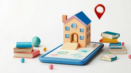 Poster - A tablet with a house on it and a book stack in the background