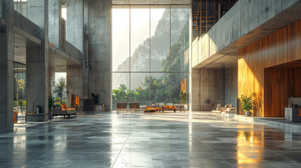 Wall Mural - Modern lobby with large windows and views of mountains.