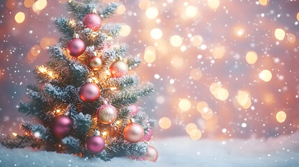 Canvas Print - Christmas Tree with Pink and Gold Ornaments in Snowy Scene with Bokeh Lights