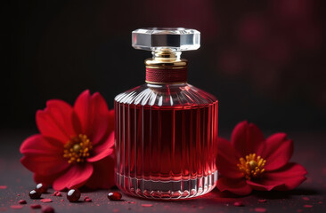 A beautifully styled red perfume bottle with vibrant flowers, perfect for elegance and beauty themes.