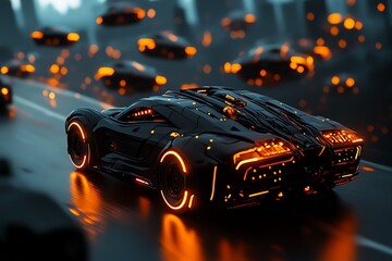 Poster - 3D-rendered scene of a futuristic city with flying cars and glowing buildings, fully animated with dynamic lighting and movement creating an immersive future world