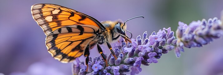 Poster - Closeup view of a colorful butterfly with vibrant orange and black markings perched on a cluster of lush purple lavender flowers in a picturesque garden setting.