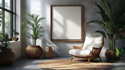 Poster - Elegant Acrylic Frame Mockup Showcase in Minimalist Home Office Setting with Natural Materials and Filtered Daylight. Clean and Stylish Interior Display.