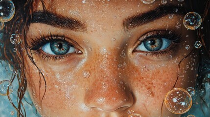 Canvas Print - Close-up of a person's face underwater, with bubbles and freckles.