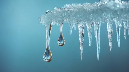 A water drop falling in slow motion from the tip of an icicle, symbolizing the transition from cold to warmth, water drop from icicle, subtle water transformation