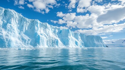 Massive glaciers melting into the ocean, symbolizing the slow yet powerful process of water reshaping the earth, glacier melt, climate and water power