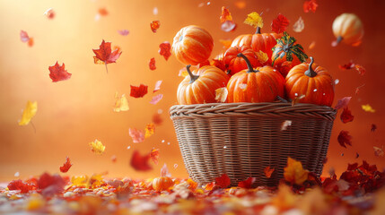 Wall Mural - Pumpkins in a basket with falling autumn leaves