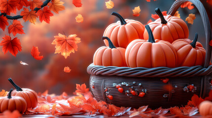 Canvas Print - A basket full of pumpkins surrounded by fall leaves.