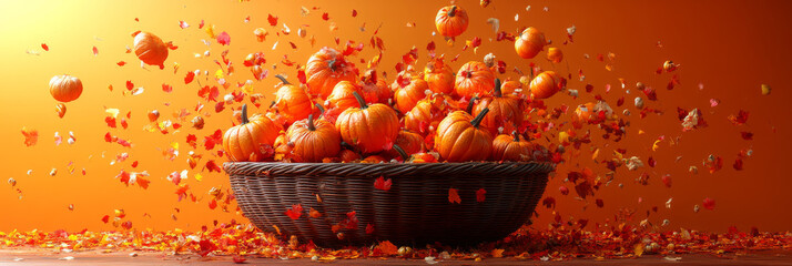 Wall Mural - A basket overflowing with pumpkins and autumn leaves.