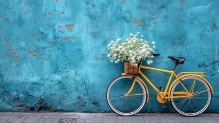 A bright yellow bicycle, filled with white blooms, rests peacefully against a striking turquoise wall, creating a delightful urban atmosphere