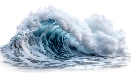 Poster - Powerful crashing wave surging and splashing against a pristine white background,capturing the raw natural energy,force and motion of the ocean in a dramatic and captivating way.