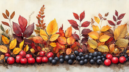 Canvas Print - Autumn leaves in shades of red, yellow, and orange with berries