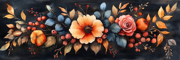 Wall Mural - Watercolor painting of autumn flowers on a dark background.