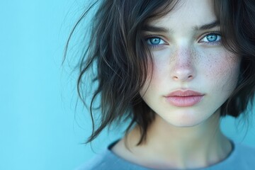 Portrait of a young brunette woman with light makeup and soft expression