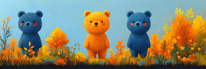 Poster - Three fluffy bears in a field of autumn leaves.