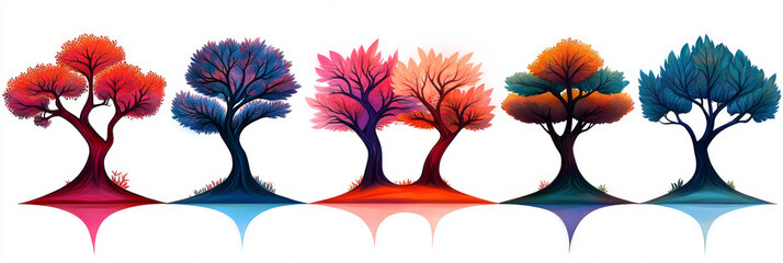 Sticker - Six stylized trees in various colors.