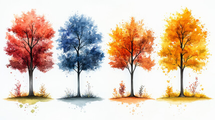 Sticker - Four watercolor trees in red, blue, orange, and yellow.