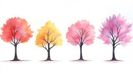 Canvas Print - Watercolor painting of four trees in different shades of pink, yellow, and red.