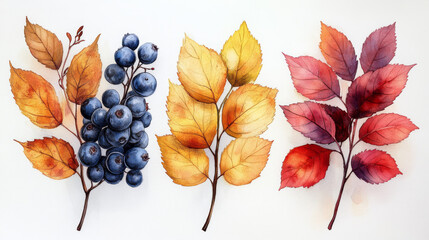 Sticker - Watercolor illustration of autumn leaves and berries.