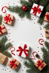 Wall Mural - christmas wreath arrangement, gift boxes with red ribbons, evergreen branches, festive holiday decor
