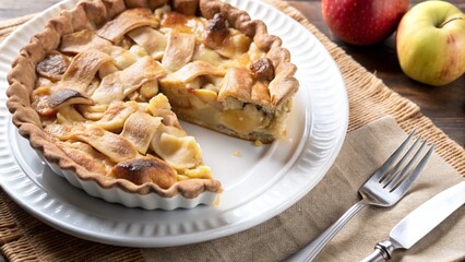 A delicious apple pie on a white plate with a fork and knife, with two apples in the background.