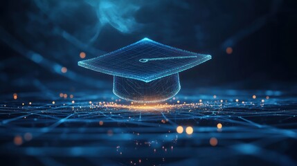 Poster - A digital graduation cap floating in a network of glowing particles, symbolizing education.