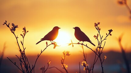 Wall Mural - silhouetted two birds on branches against a golden sky at sunset, symbolizing companionship, peace, and the beauty of nature during a serene moment 