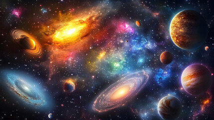 Wall Mural - A breathtaking image of the universe showing colorful galaxies, stars, and planets, space, cosmos, astronomy, galaxy