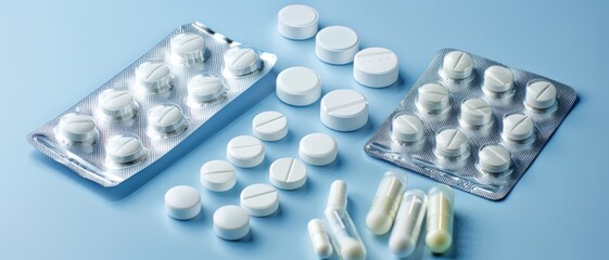 Assorted blister packs and loose white pills scattered on a light blue surface, conveying a clinical and pharmaceutical theme.