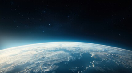 View of the Earth from space, with a blue and white color scheme. The sky is filled with stars, creating a serene and peaceful atmosphere