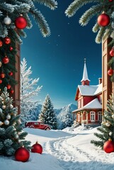 Wall Mural - christmas banner with fir branches and white and red decorations on blue background with snow christ