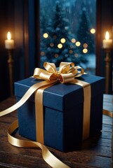 Wall Mural - dark blue gift box, golden ribbon, dimly lit room, warm candlelight, cozy winter scene, soft bokeh l