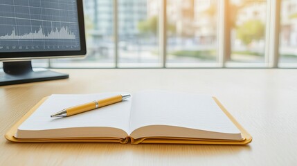 Business facing risk, clean office desk with open notebook and pen, digital graphs on a screen, large glass windows, natural light, soft hues, organized layout