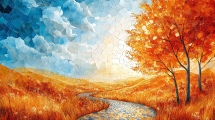 Poster - Autumnal landscape with a winding path and trees in a mosaic style.