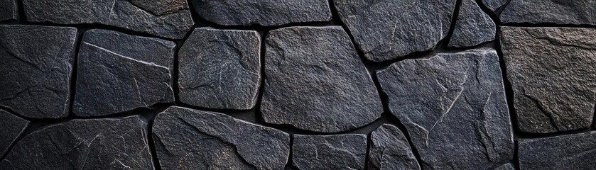 Close-up of dark, textured stone wall showcasing natural patterns and variations, ideal for backgrounds or architectural design.