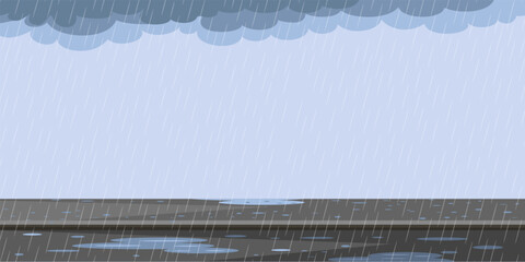 rain with clouds and puddles on road. rainy weather background. falling water drops. nature rainfall