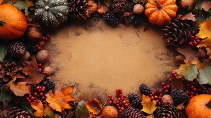 Wall Mural - Autumnal frame of leaves, pumpkins, and berries.