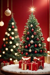 christmas tree with ornament and bokeh lights in red background christmas background ultra realistic